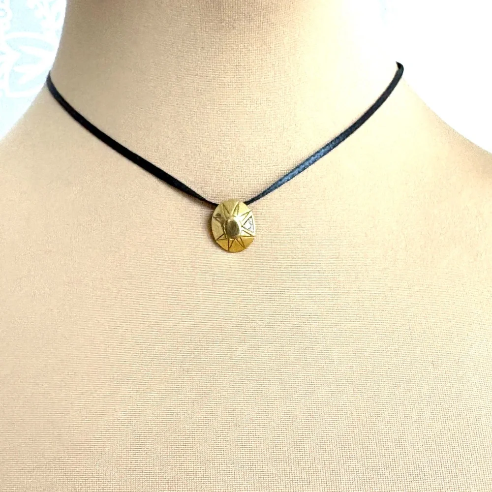 necklace pendant sun marcasite gold square mini ribbon cord handmade vintage